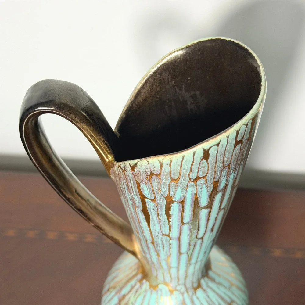Vintage Carstens Tonnieshof Rimini Ewer Vase Turquoise Gold Drip Glaze W Germany